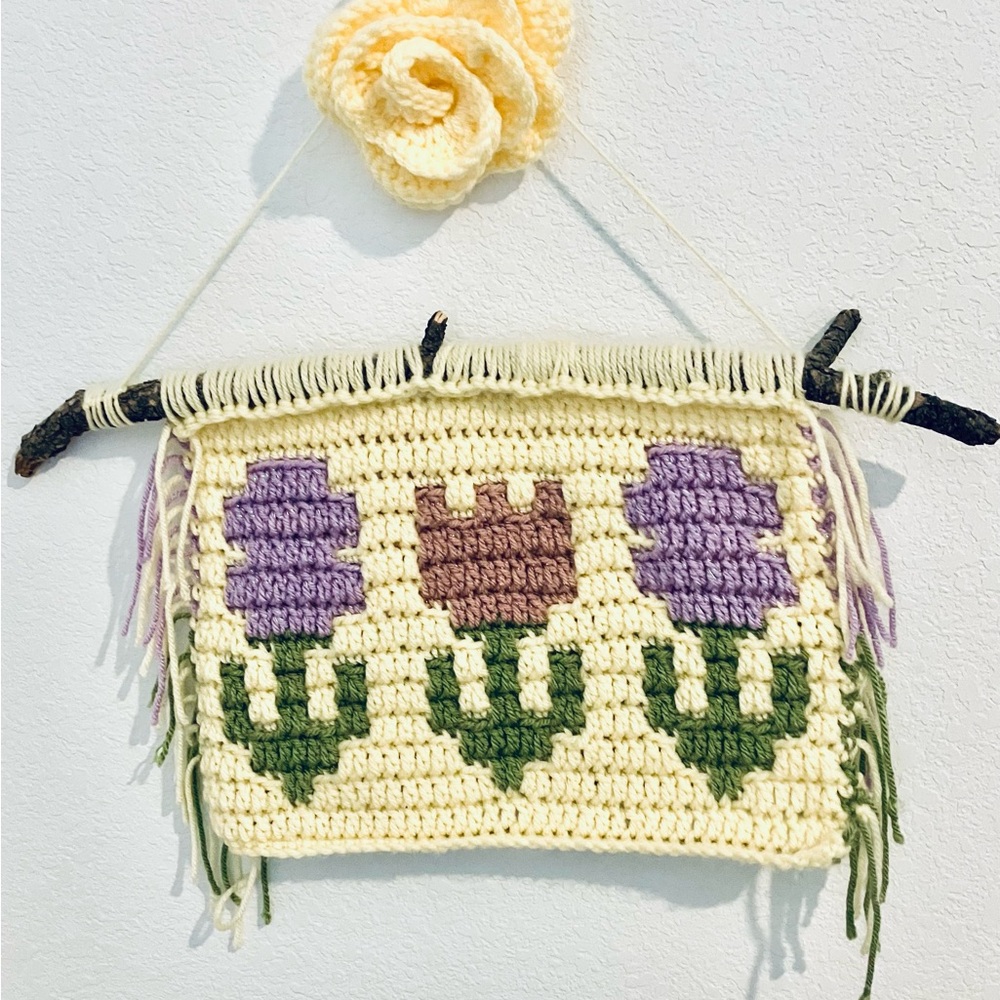 Tapestry Crochet Tulip Garden Wall Art Hanging - Handmade Boho Floral Decor